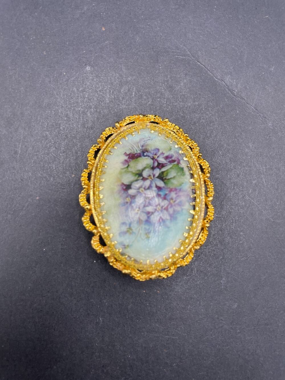 Vintage 1973 Hand Painted Porcelain BROOCH PENDANT Purple Floral Artist Signed